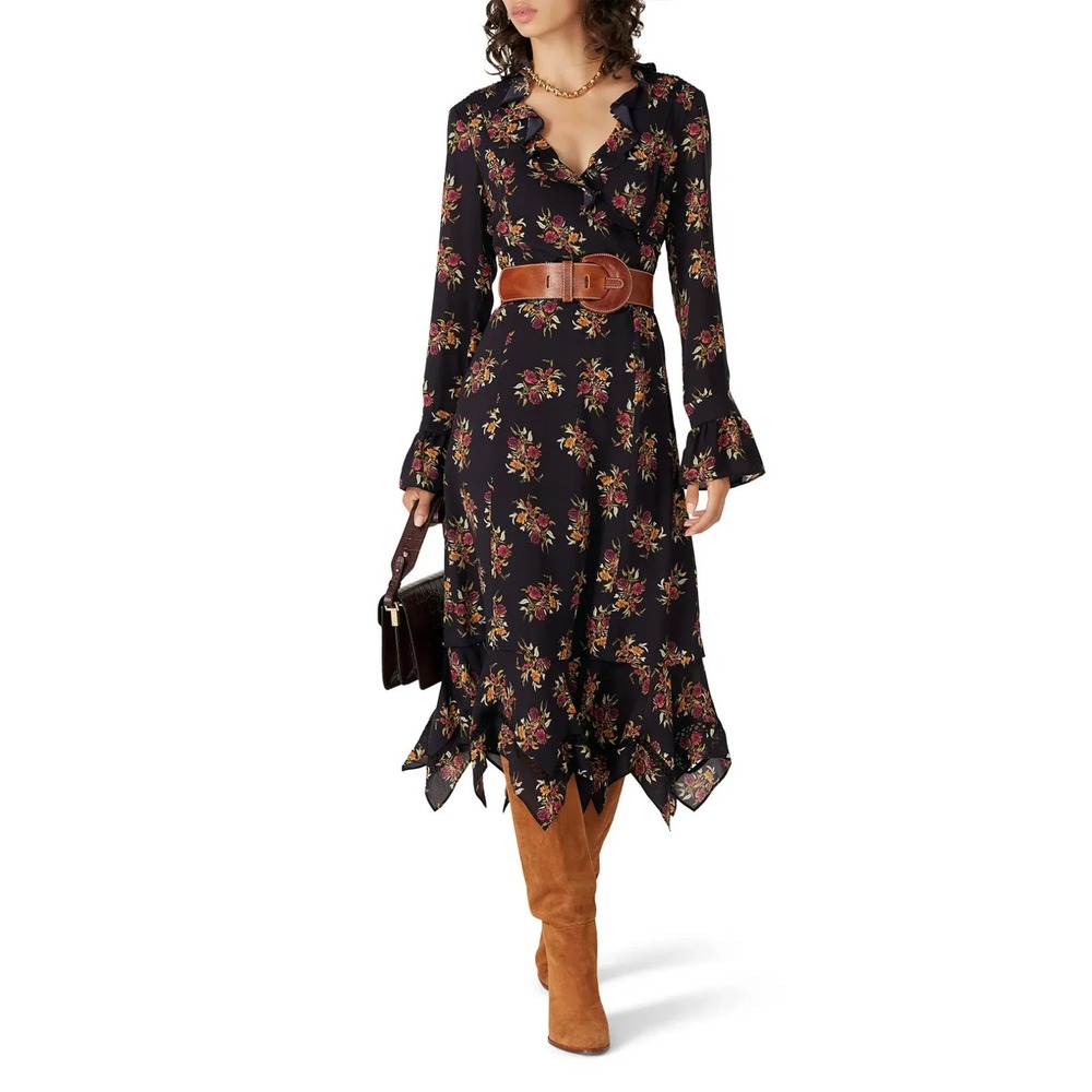 Thakoon Dress Womens 4 Black Floral Ruffle Long Sleeve Midi Garden Tea Party